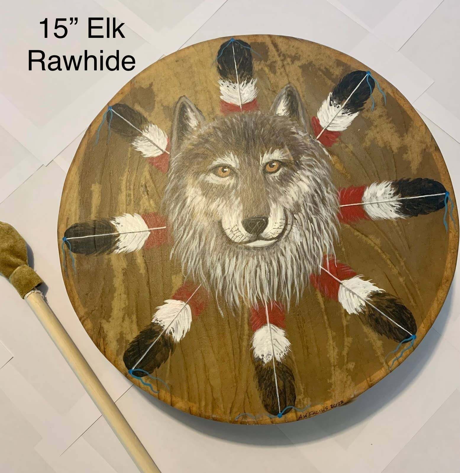 Handmade Ceremony/prayer Elk Rawhide Drum Round 15" W/ Striker Wolf Painting