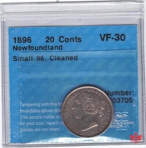 1896 Newfoundland 20 Cents Small 96 - Cccs Vf30 - Cleaned Trend 175$ 0103705