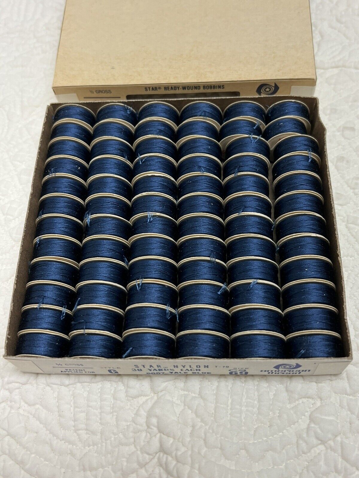 Vintage American Thread Star Pre-wound Nylon Thread Bobbins Box Of 72 Yale Blue