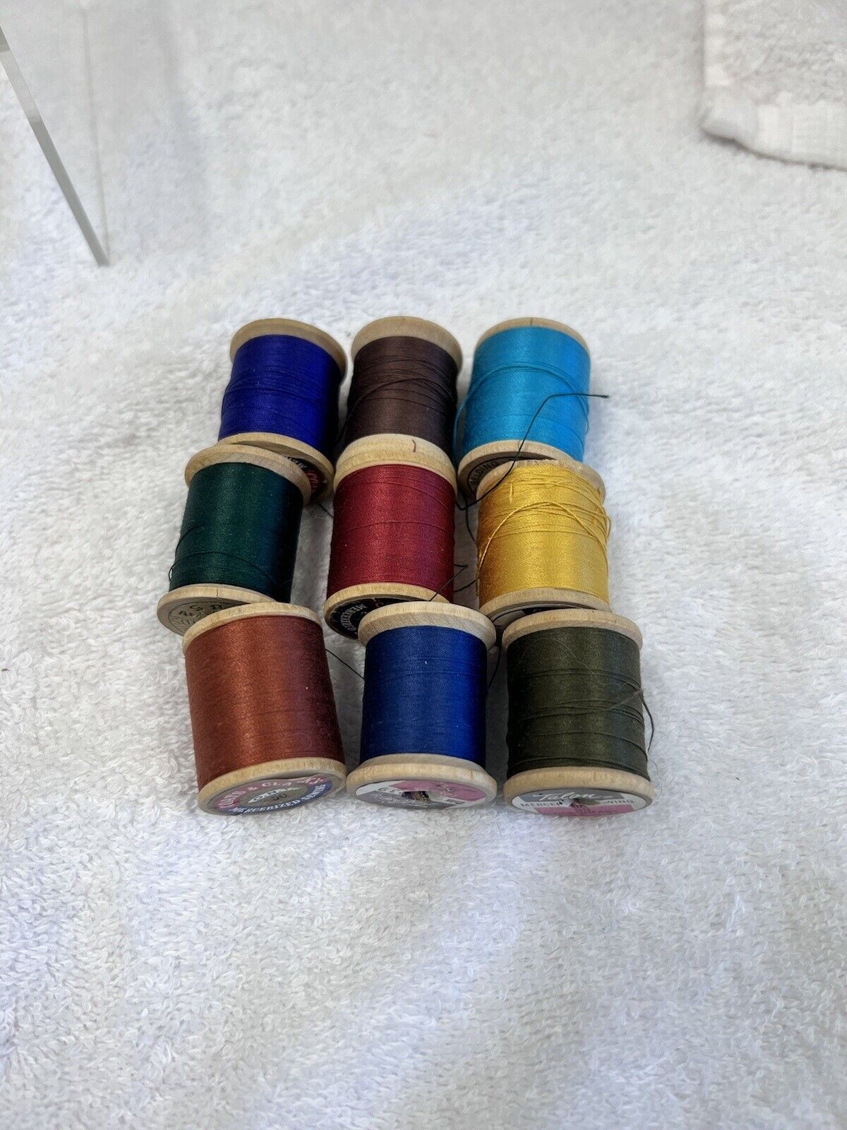 Lot Of 9 Vintage Wooden Spools Of Thread In Natural And Jewel Tone Colors