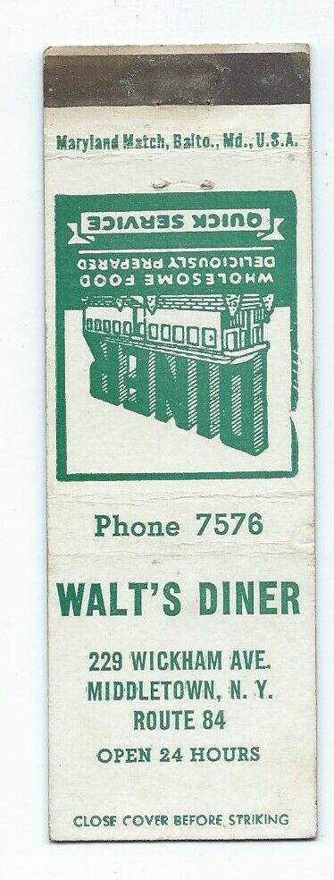 Walt's Diner Vintage Matchcover Matchbook - Middletown, New York