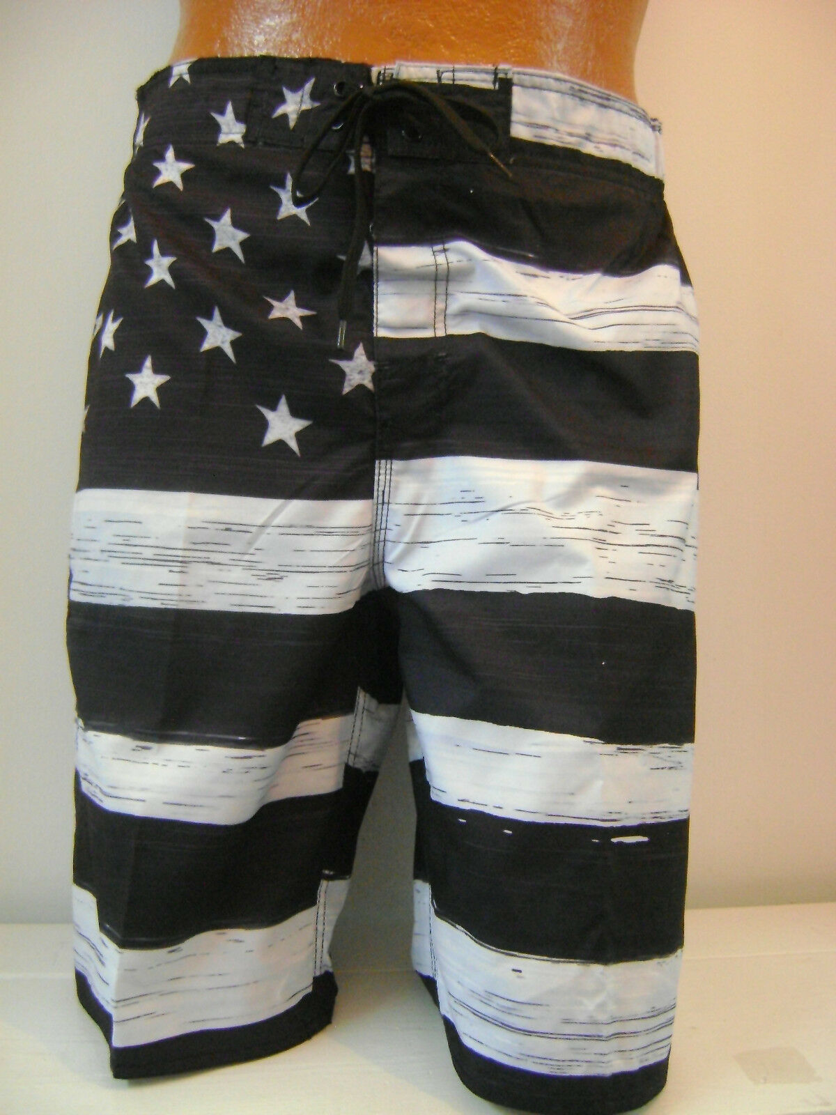 Men's American Flag  Swim Trunk Board Shorts Black & White Old Glory Usa