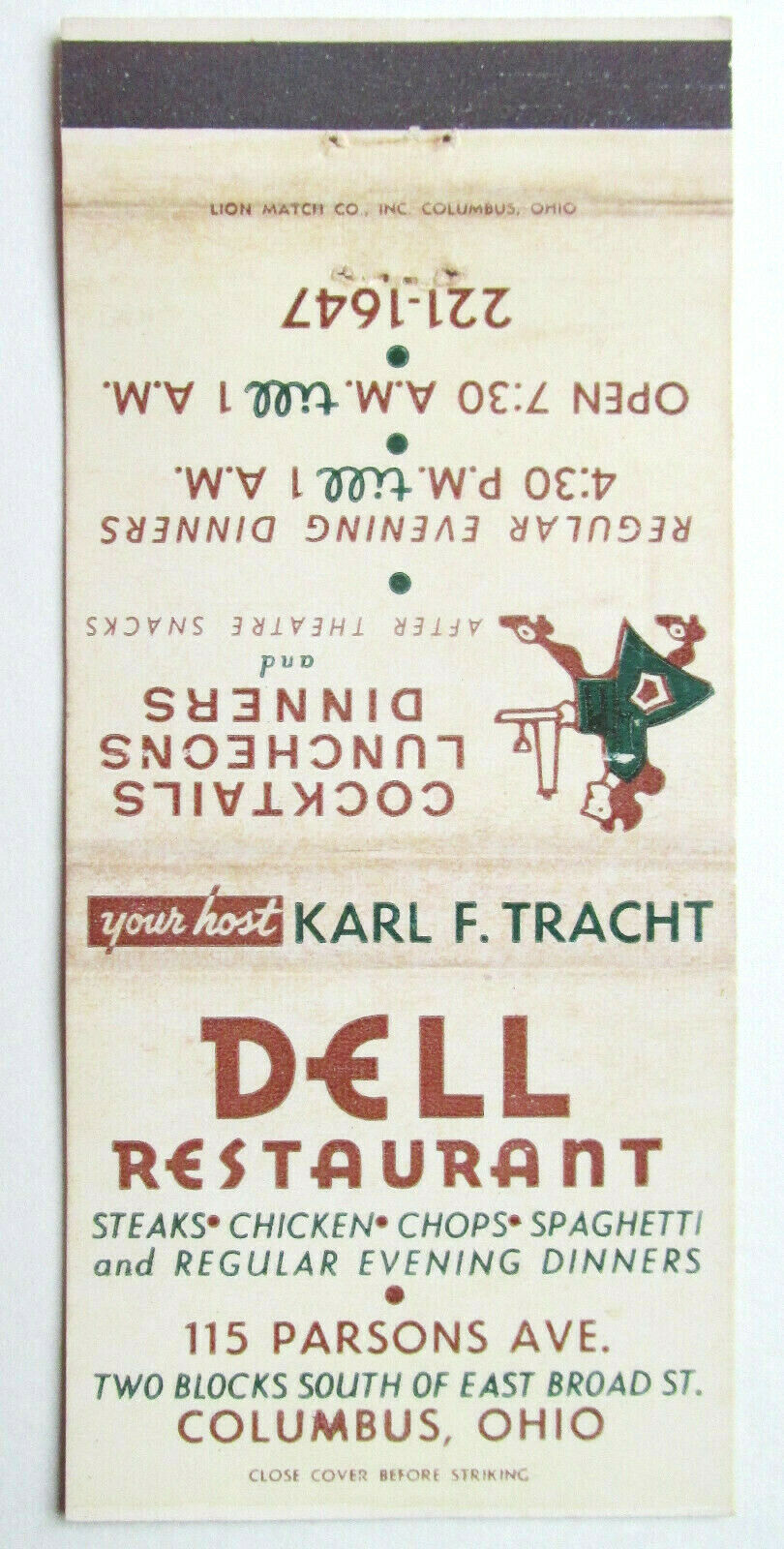 Dell Restaurant - Columbus, Ohio 30 Strike Matchbook Cover Karl F. Tracht - Host