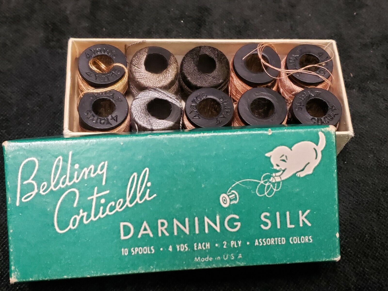 Vintage Belding Corticelli Darning Silk Spools In Box Kitty Cat Logo Farm Fresh