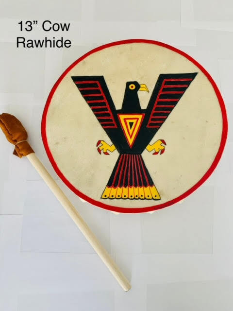 Handmade Ceremony/prayer Cow Rawhide Drum Round 13" W/ Striker Bird Painting
