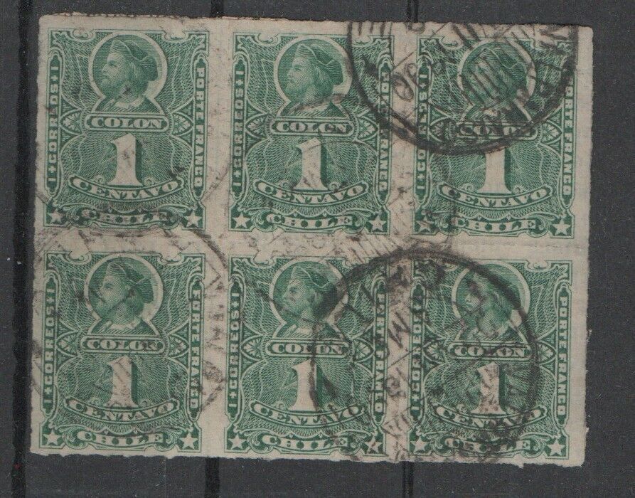 Chile Stamp 1 C Columbus As Block Of 6+2 X Block Of 4, All Used On Paper Ca.1890