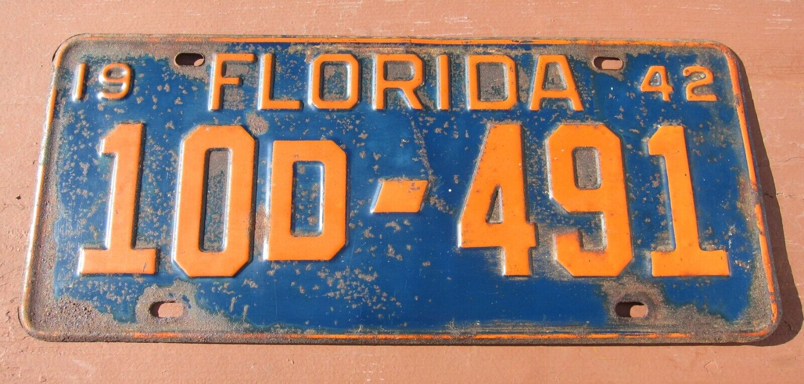 1942 Florida License Plate 10d 491 Broward County - Vintage,  Blue With Orange