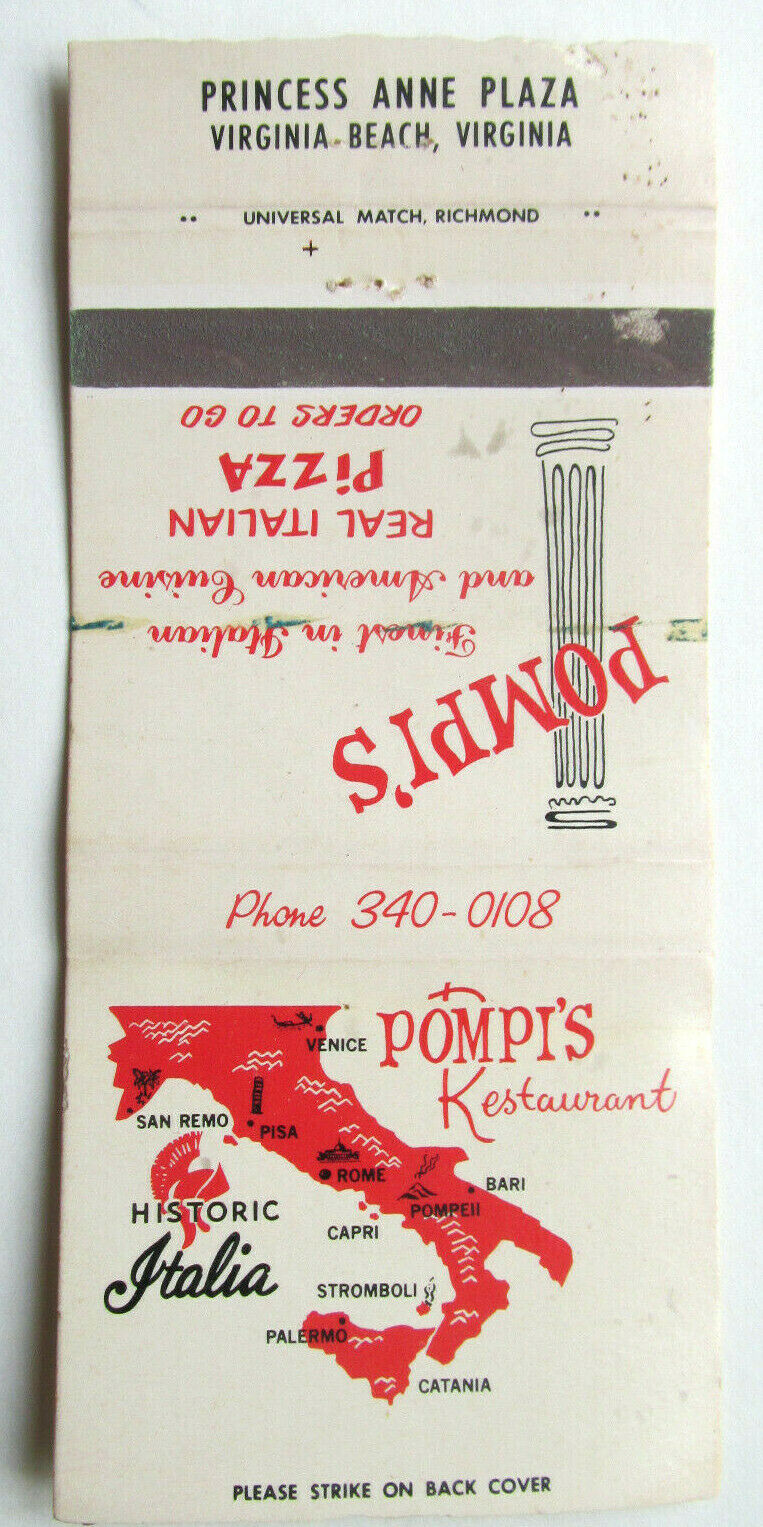 Pompi's Restaurant - Virginia Beach, Va  30 Strike Matchbook Cover Italian Pizza
