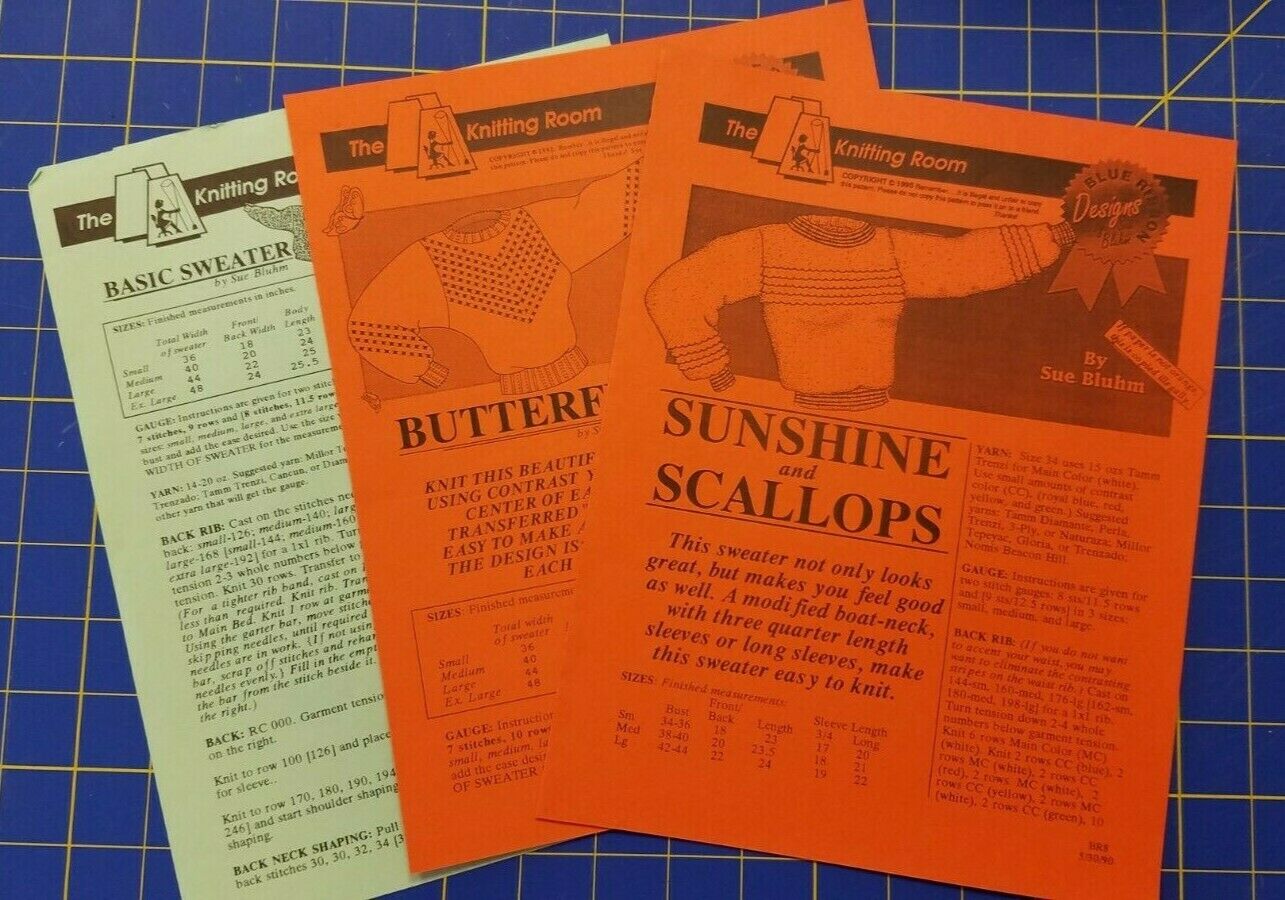 3 Machine Knitting Pattern Leaflets - Sweaters By Sue Bluhm..