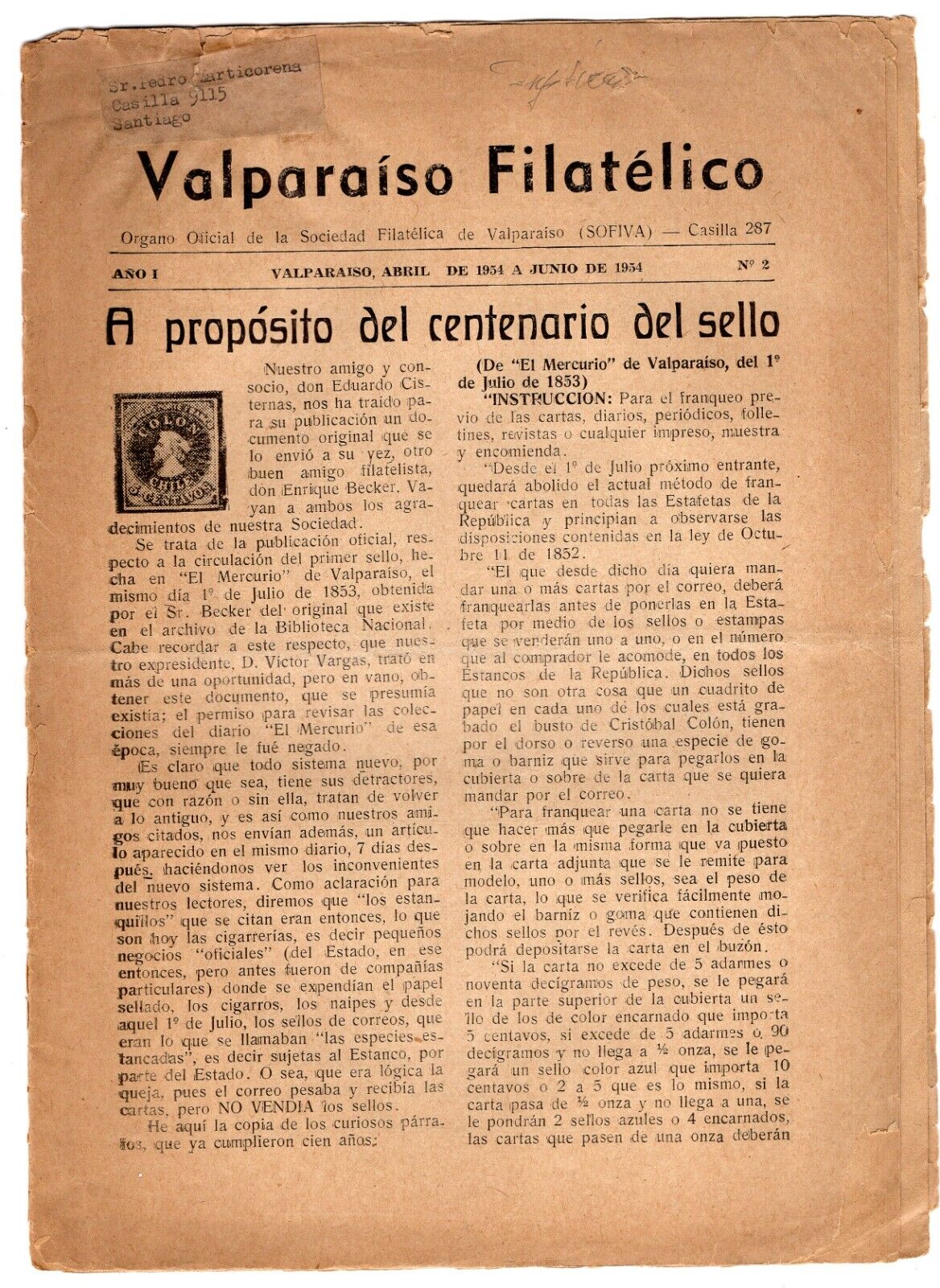 Chile 1954 Valparaiso Filatelico  Year 1 Number 2 Rare Philatelic Magazine 10 Pg