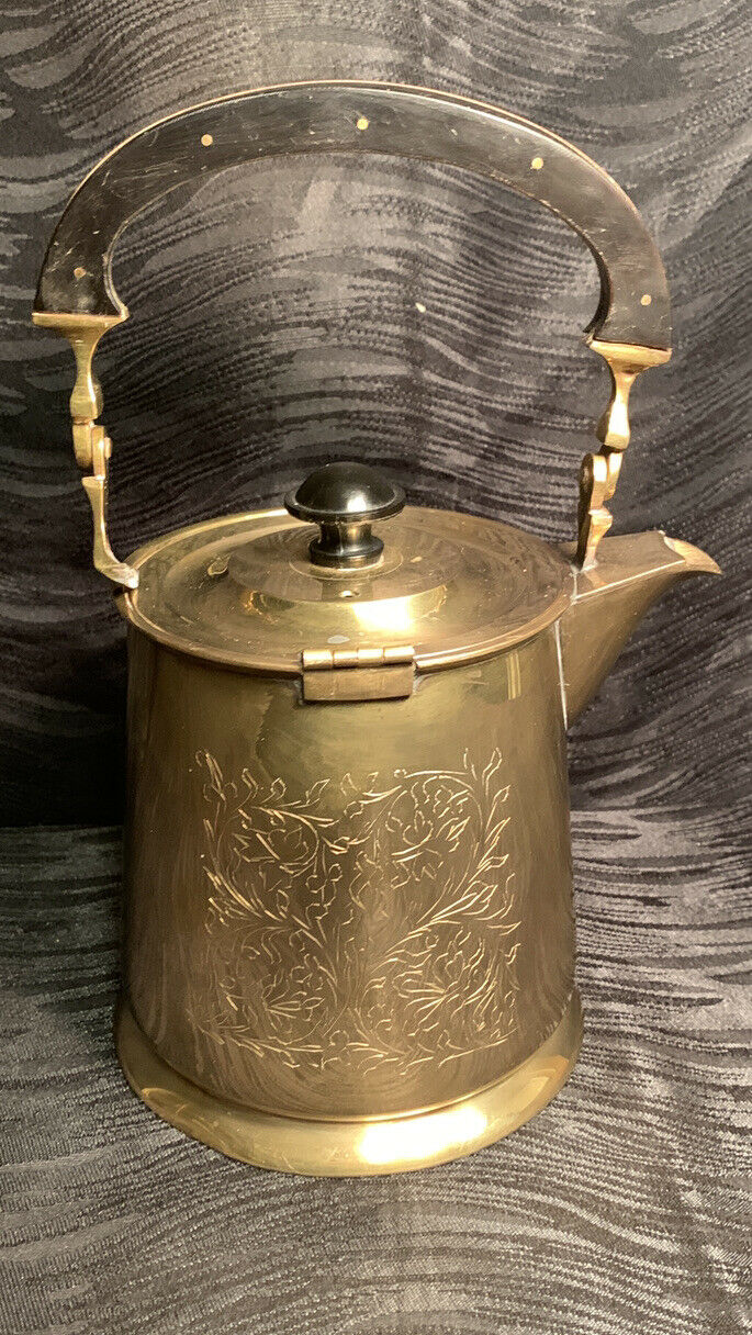 Vintage Brass Teapot With Lid Wood Folding Handle Etched Design