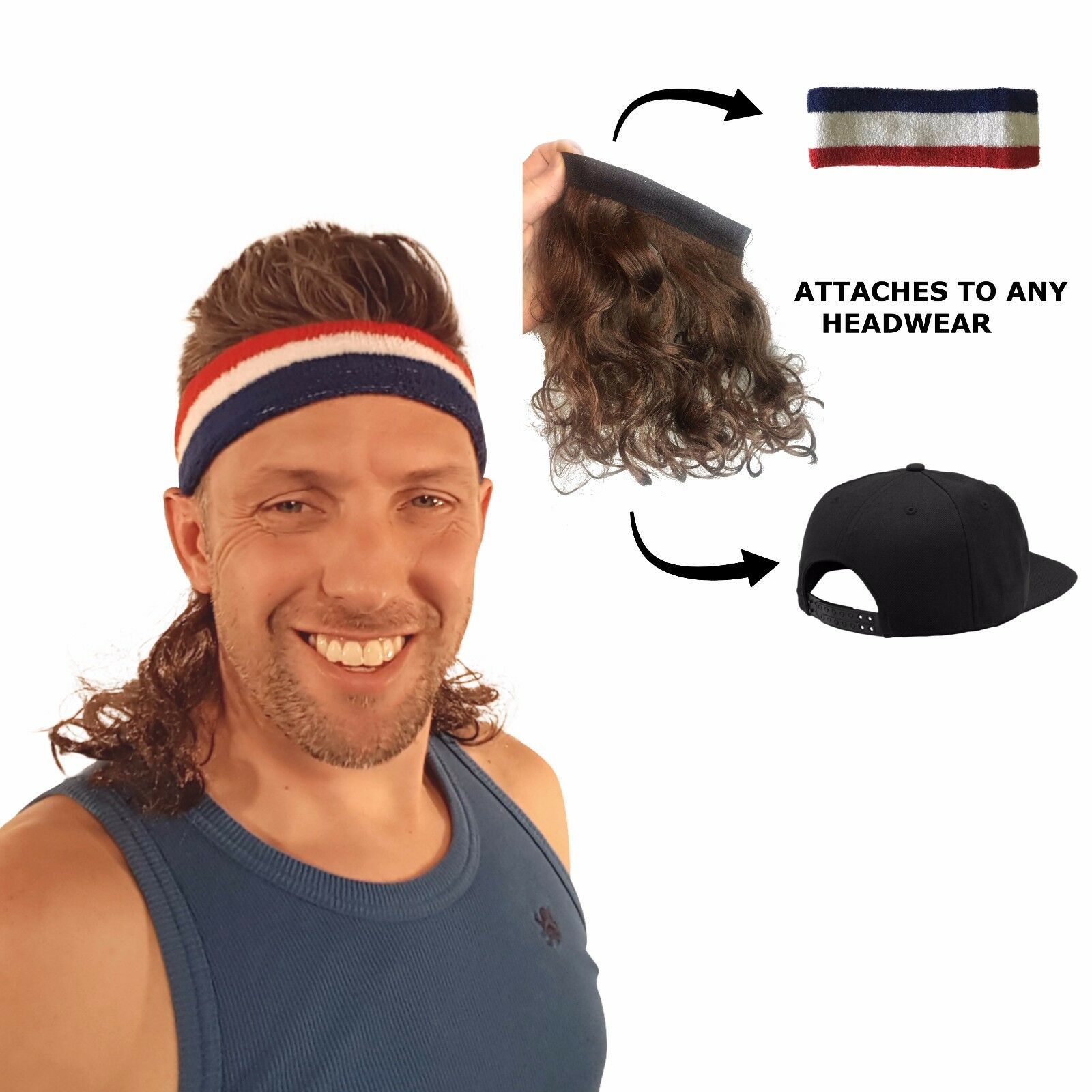 Magic Mullet - Wig Attaches To Any Headwear - Mullet Headband - Free Head Band