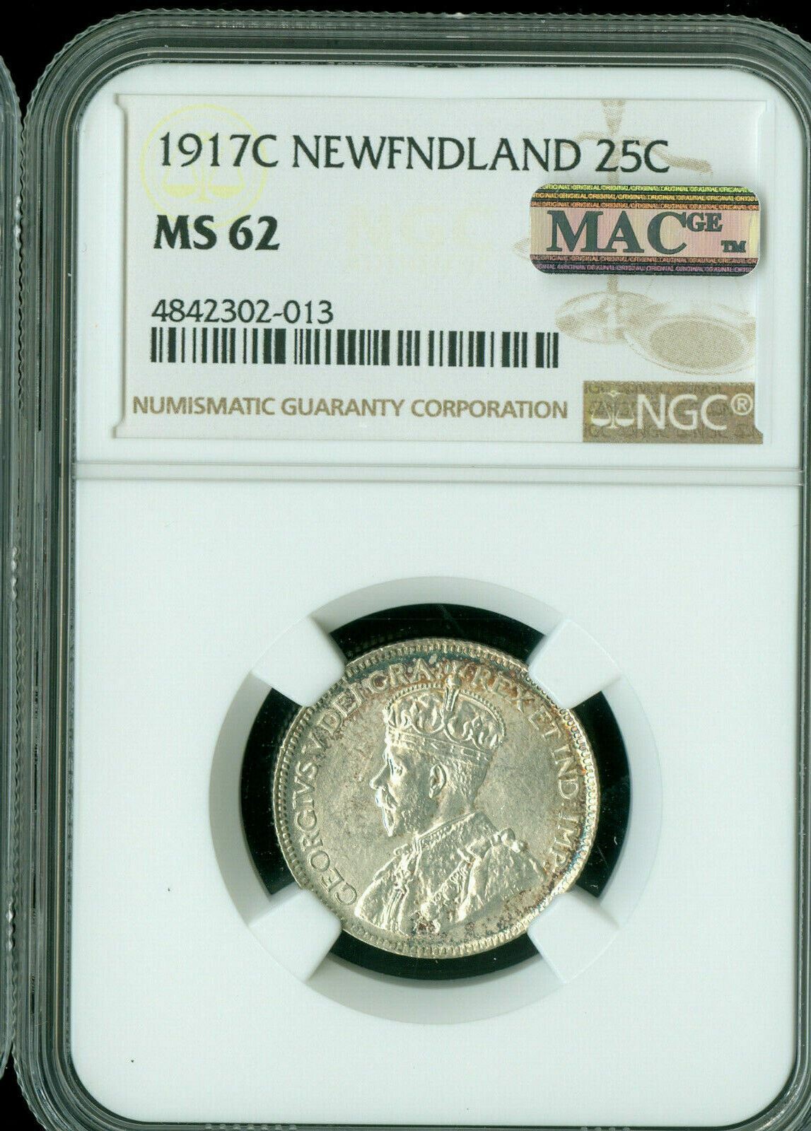 1917 C Newfoundland Silver 25 Cents Ngc Mac Ms62 Pq Spotless *
