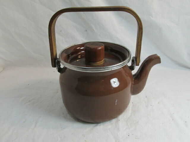 Vintage Teapot, Enamel, Brown, Wooden Handle And Knob