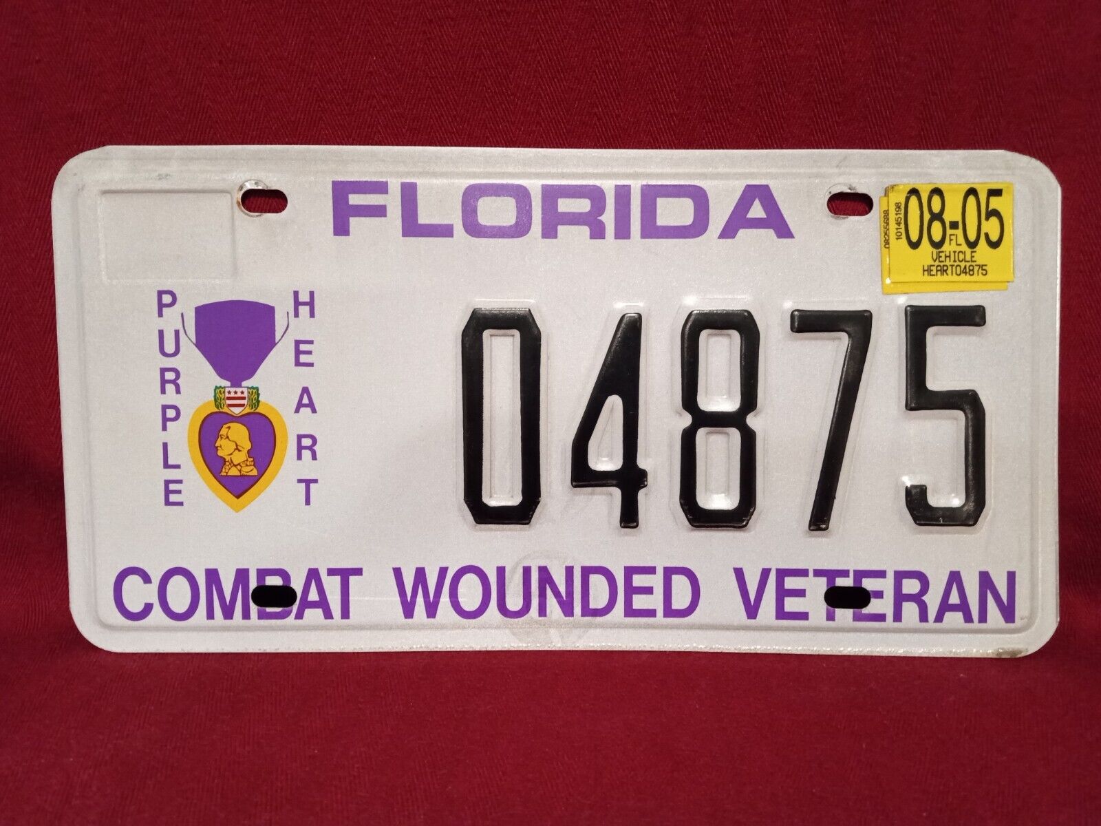"04875" Purple Heart Florida License Plate Combat Wounded Veteran