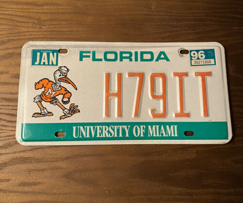 Florida (university Of Miami) 1996 License Plate
