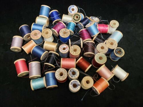 50 Vintage Sewing Thread Wooden Spools Full Partials Crafts Variety Estate Find